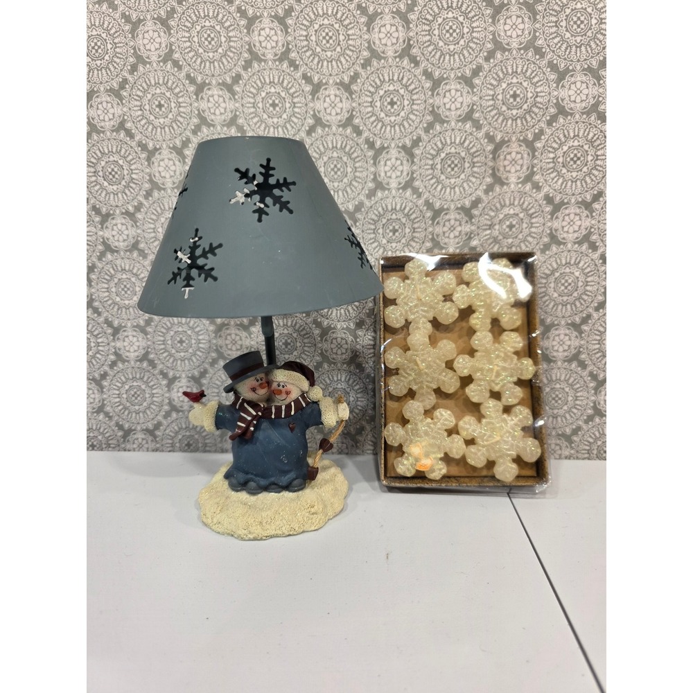 Snowman Couple Tealight Candle Holder Lamp with 6 Snowflake Wax Melts Holiday‎